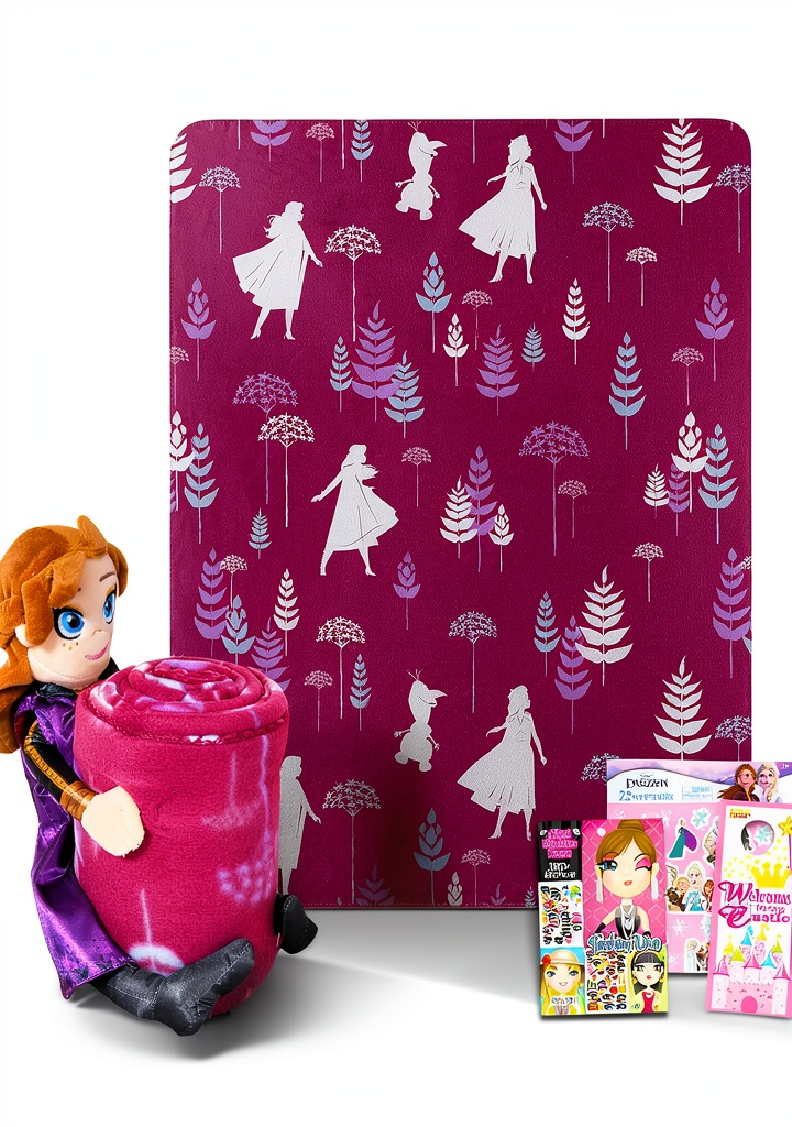 Child snuggled in Disney Frozen Silk Touch Blanket with Anna plushie